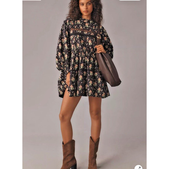 Anthropologie Babydoll Dress Medium Balloon Sleeve Floral Swiss Dot Boho Cottage - Picture 1 of 16